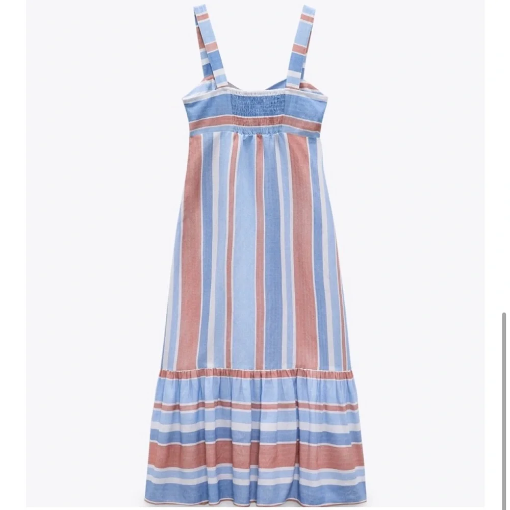 Zara Linen Blend Midi Striped Sundress Ruffle Hem 4th of July Americana Small - Picture 4 of 14